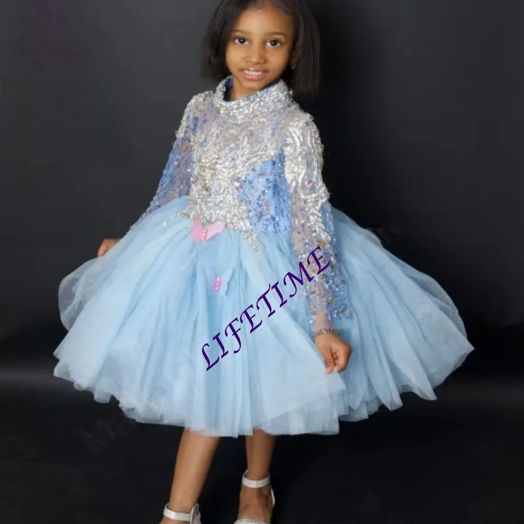 Abito di Capodanno a maniche lunghe decorato con farfalla azzurra personalizzata per ragazze, abito adatto per la prima comunione, festa di nozze