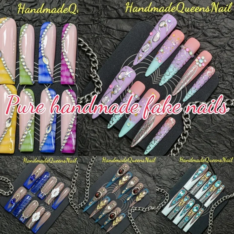 

10 Piece of Hand-made Press-on Nails Extra-long Teardrop-shaped,ballet-shaped,rhinestone-carved Butterfly Nail Art Set,nail Gems