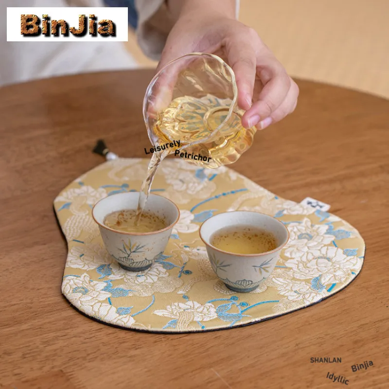 Brocade Gourd Double-sided Tea Table Mats Handmade Tea Tray Napkin Cloth Drink Coaster Dinner Table Cloth Mat Tea Ceremony Craft view 2