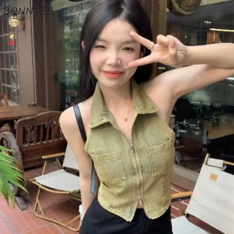 

Жилеты женские джинсовые винтажные укороченные Hotsweet однотонные на молнии универсальные корейские стильные лацканы модные повседневные с открытой спиной и высокой талией без рукавов