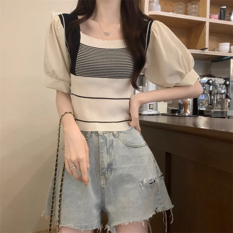 Square Collar Sweaters Women Spring Summer Puff Sleeve Striped Office Lady Tops Korean Style Streetwear Advanced Aesthetic Slim