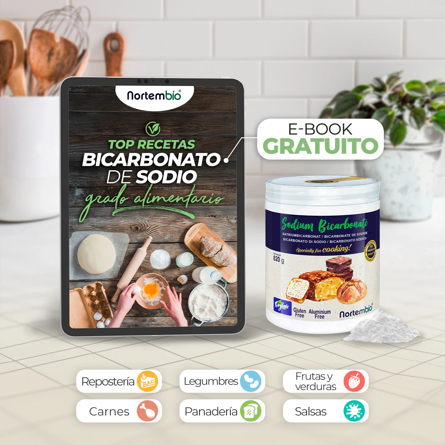 Nortembio 100% natural organic food baking soda 820g |   Cooking and pastry |   Suitable for vegans, celiacs and vegetarians |   E-book included |   Without aluminum