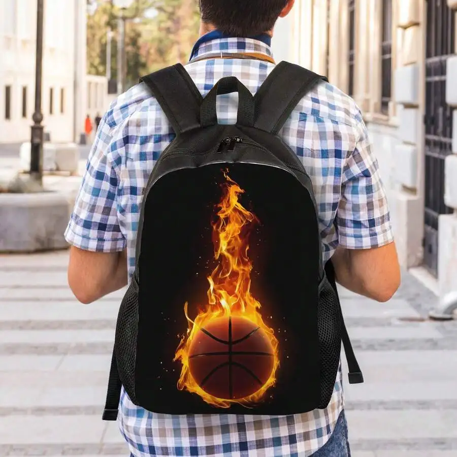 

Fire Basketball Print Backpack Large Capacity Travel Sporty Flame Design Durable Bookbag For Gym Outdoor