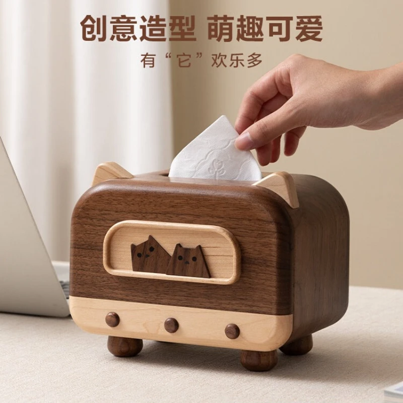 Solid Wood Cream Style Tissue Box Cute Desktop Napkin Holder High Appearance Tissue Case for Living Room Dining Table Home Use