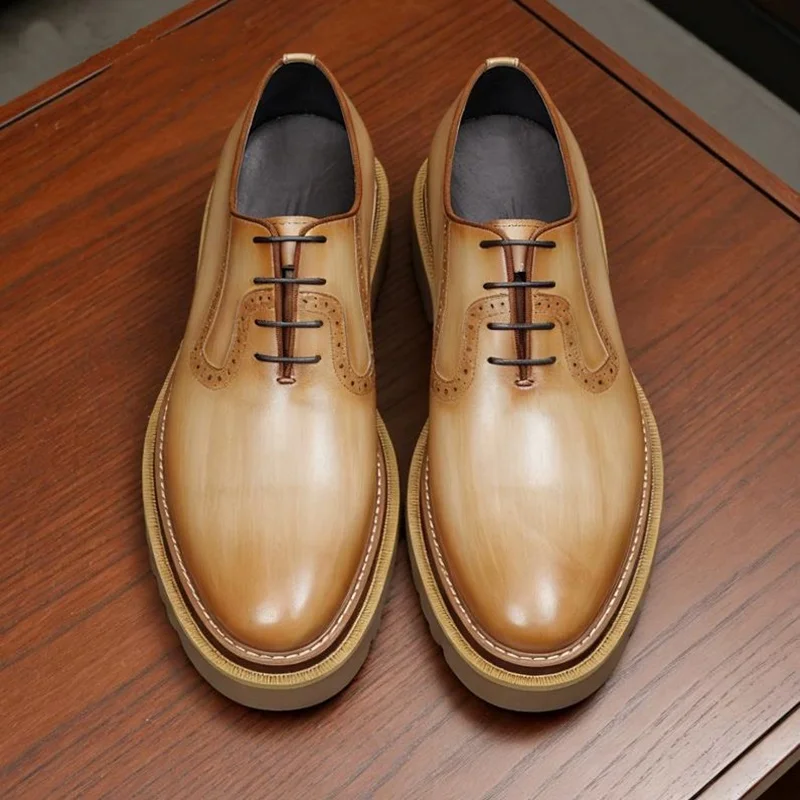 Luxury High-end One-piece Oxford Shoes With Cowhide Lining Anti-slip Height-increasing Yellow-brown Leather Formal Shoes Man