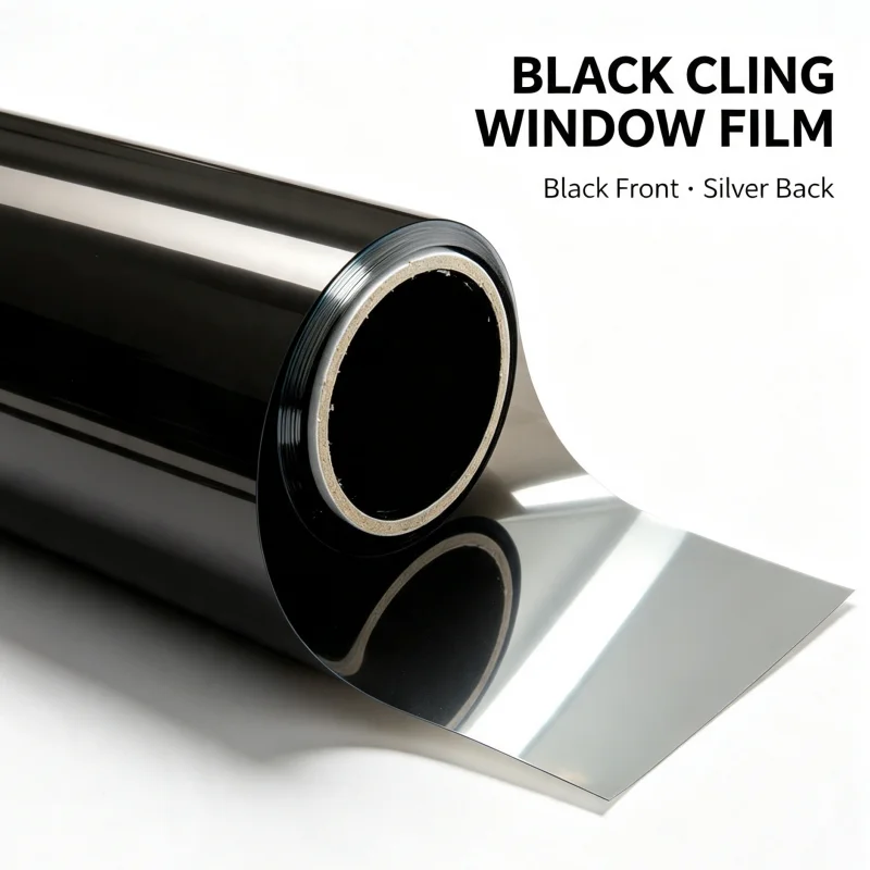 Static Cling One Way Window Film, Black Front Silver Back No‑Adhesive Window Tint, Anti‑UV Heat Insulation Privacy Sun Block Gla