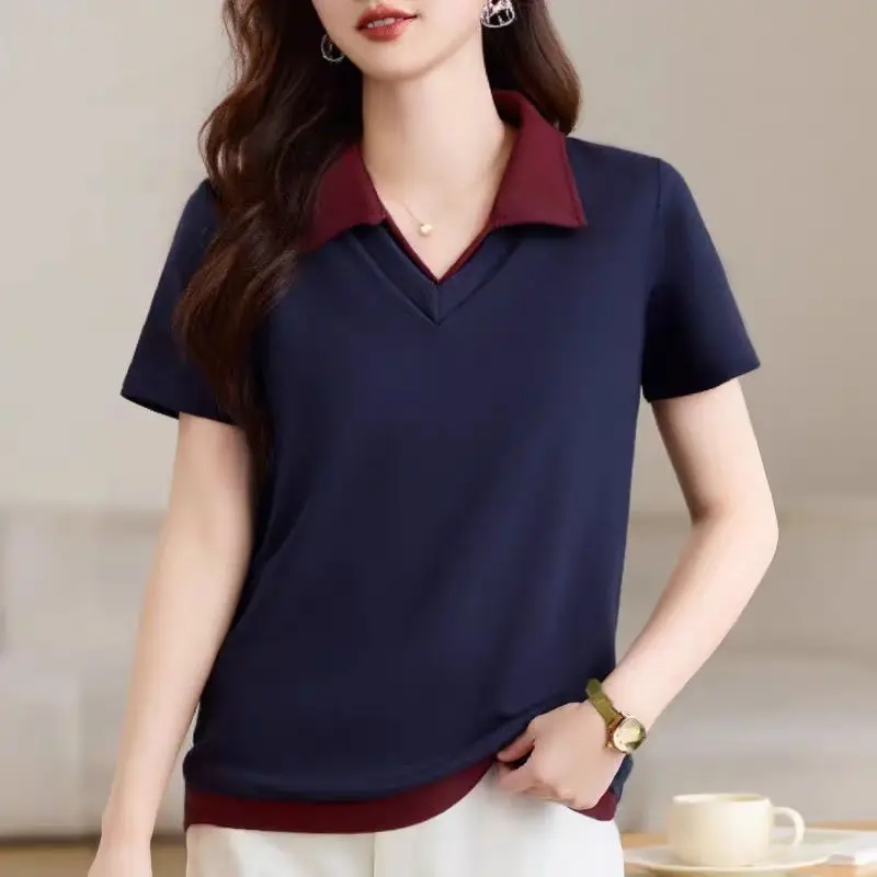 

Fashion Lapel Spliced Fake Two Pieces Blouses Women's Clothing 2025 Summer New Loose Short Sleeve All-match Tops Commuter Shirts