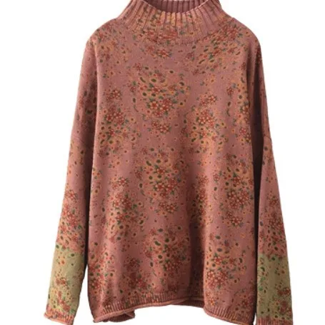 

Classic Casual Mock Neck Pullovers Sweater Woman Autumn Winter Flowers Printed Loose Cotton Tops Gothic Matched Tops Harajuku