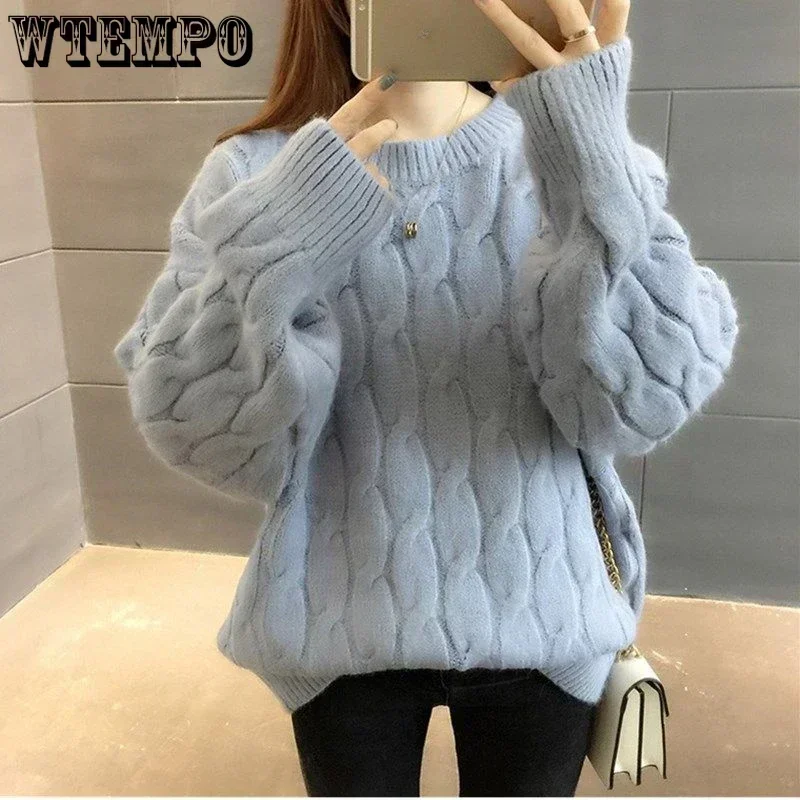 WTEMPO Solid Color Sweater for Women Soft Knitwear Long Sleeve Winter Fall Cable Knit Round Neck Long Sleeve Sweater Jumper