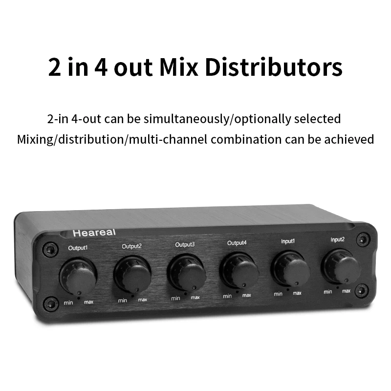 

Аудиомикшер-сплиттер 2 входа/4 выхода, усилитель-распределитель для наушников 3,5 мм с регулировкой громкости без потерь