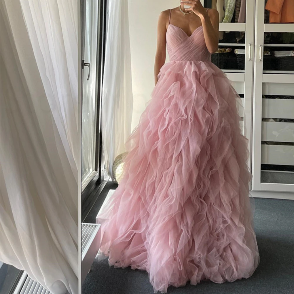 

Princess Organza Sexy Spaghetti Strap V-Neck Sleeveless Prom Dress Puffy Ruffles Backless with Sweep Train Party Dress for Women