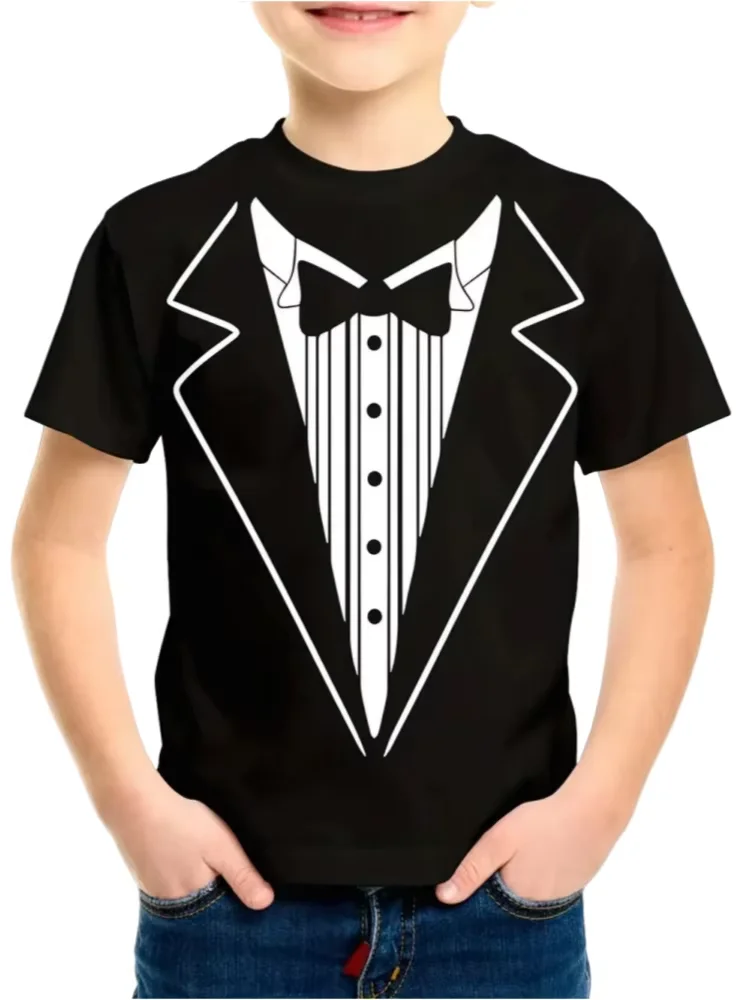 T-Shirt for Boys Funny Fake Suit 3D Print Boy's Tuxedo Tie Pattern Tops Summer Harajuku Loose Kids Short Sleeves Round Neck Tees