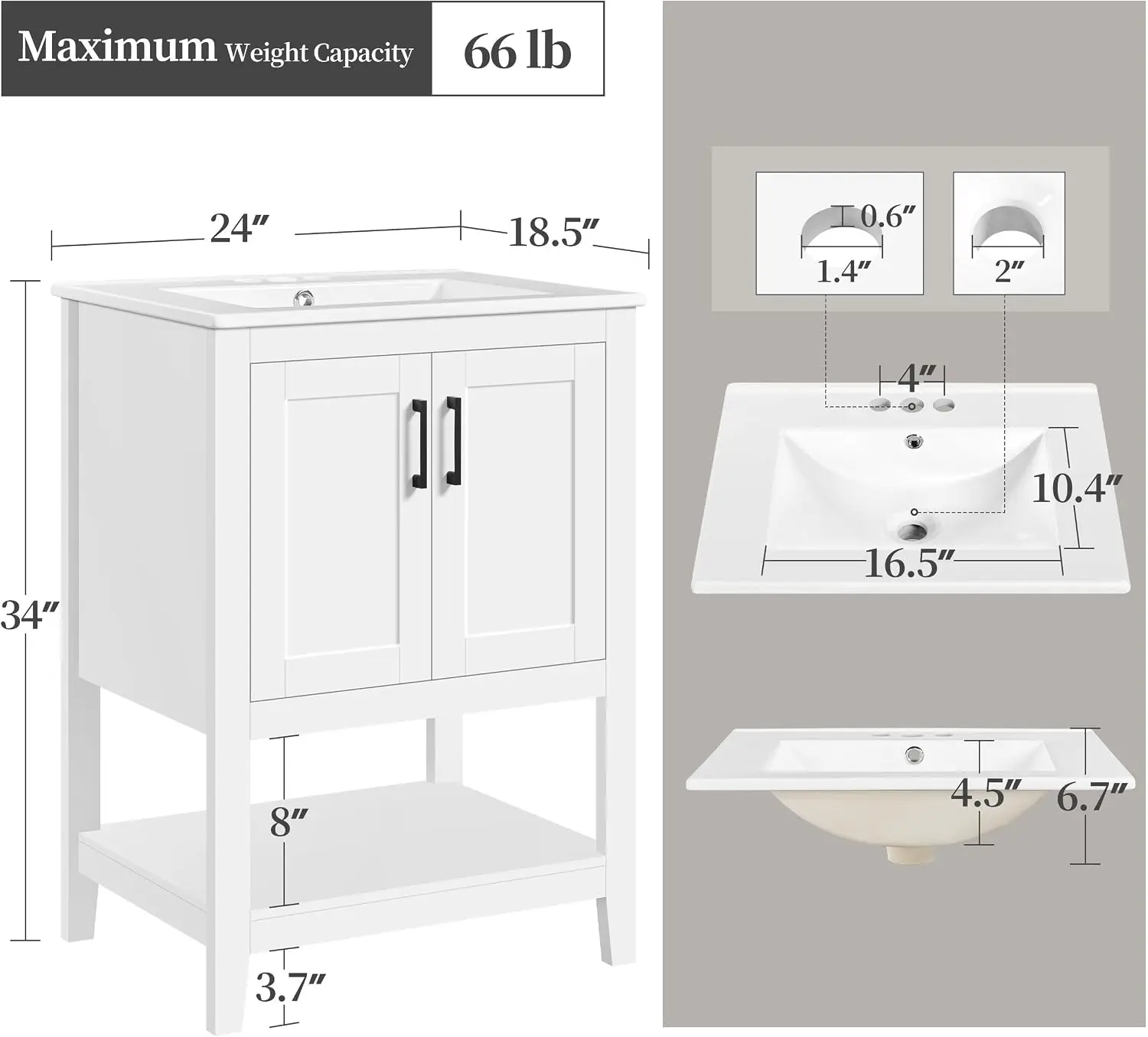 24 Inch Freestanding Bathroom Vanity with Ceramic Sink, White
