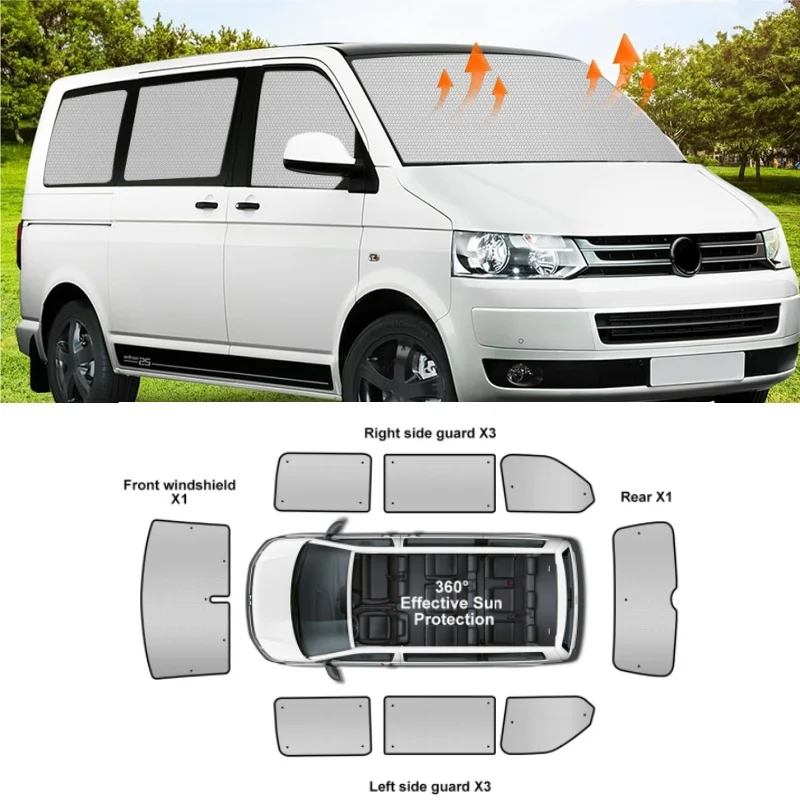 8PCS Sunshade RV Camper Windscreen Protection Set For VW T5 T6 SWB Internal Thermal Blind Window Set With Storage Bag