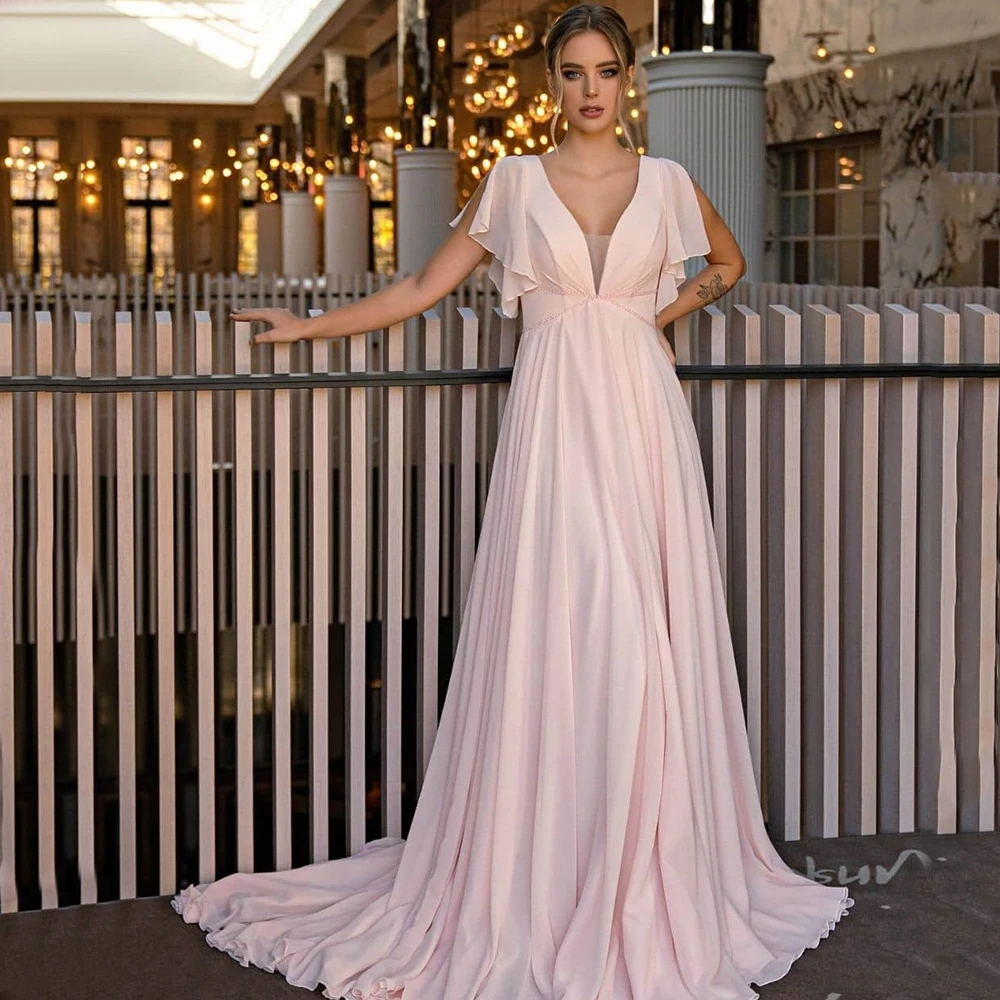 Customized Weilinsha Women's Chiffon V-Neck Wedding Dresses A-Line Floor Length Court Train Sleeveless Bridal Gowns Vestido De N