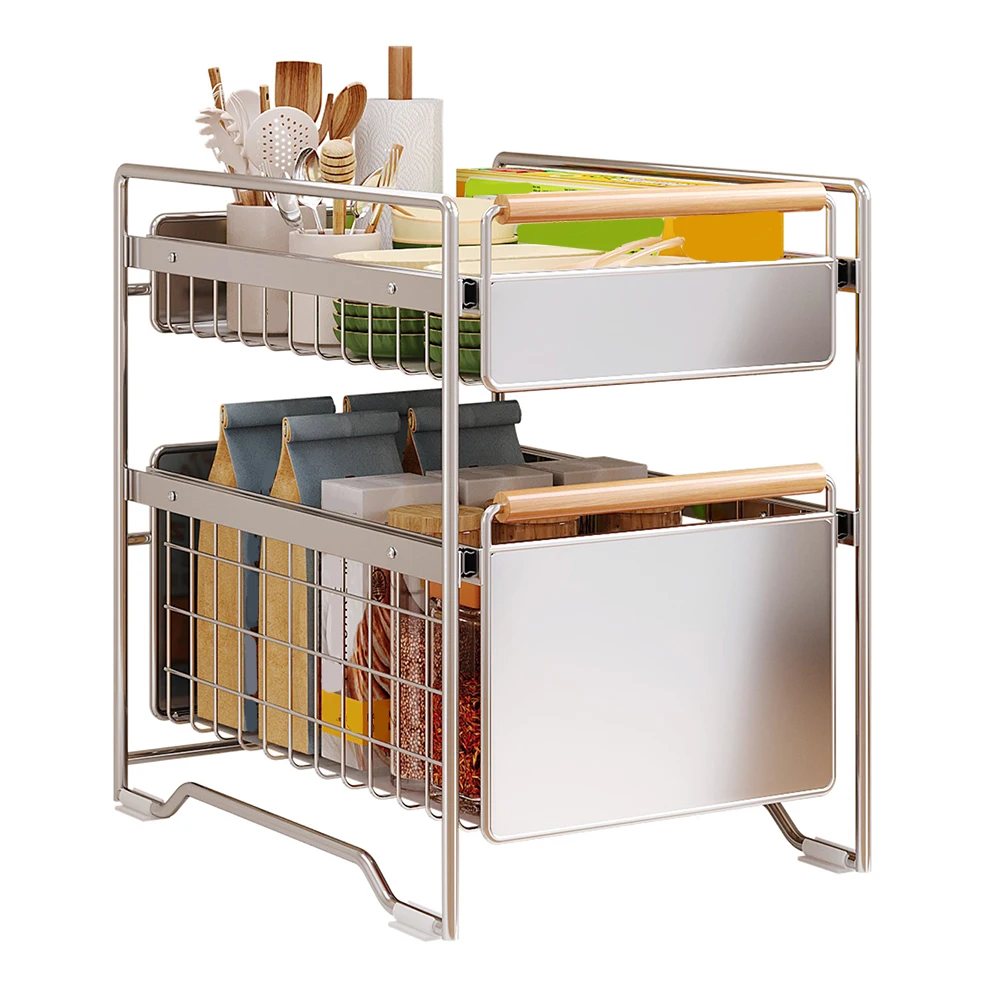 15.75x11.81x11.81 Inch Double Tier Slide Out Kitchen Cabinet Storage Shelves Under Sink Organizer Metal Drawer Rack