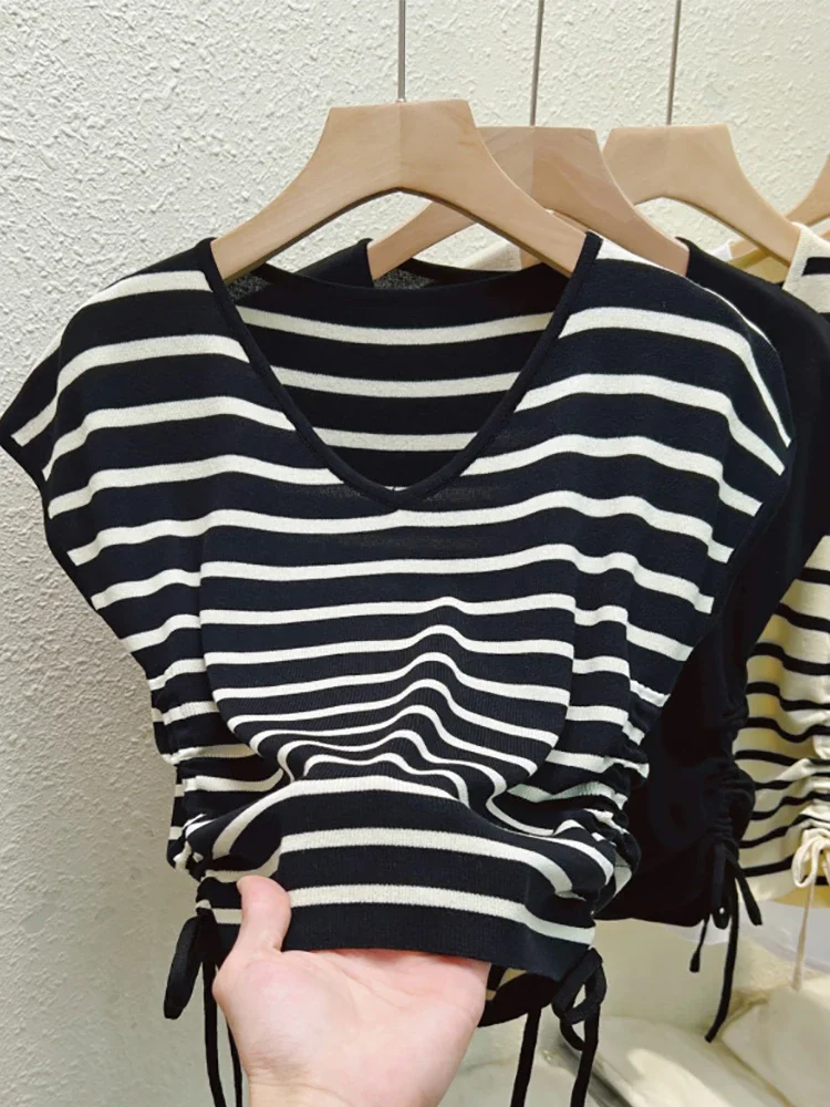 

Striped Short Sleeve Tops T-shirt Women Knitted V Neck Lace-up Casual T Shirt Woman Ladies Tshirt Clothes Summer Black Tees