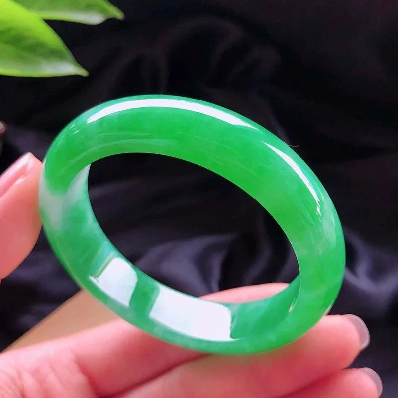 Full , Burmese with floral patterns, bright green wide jadeite , round bracelet f