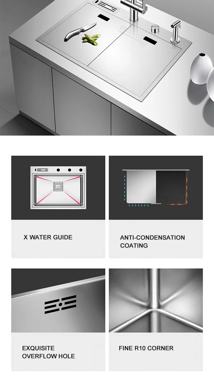304 Stainless Steel Kitchen Handmade Sink with Knife Rack with Cover Plate Hidden Washbasin Single Sink Package