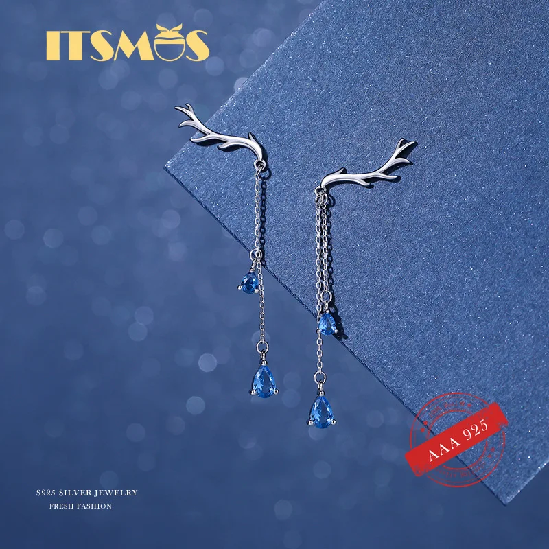 

ITSMOS Antlers Dangler Earrings s925 Sterling Silver Earrings Blue Diamond Ear Line Jewelry for Women Elegant Gift