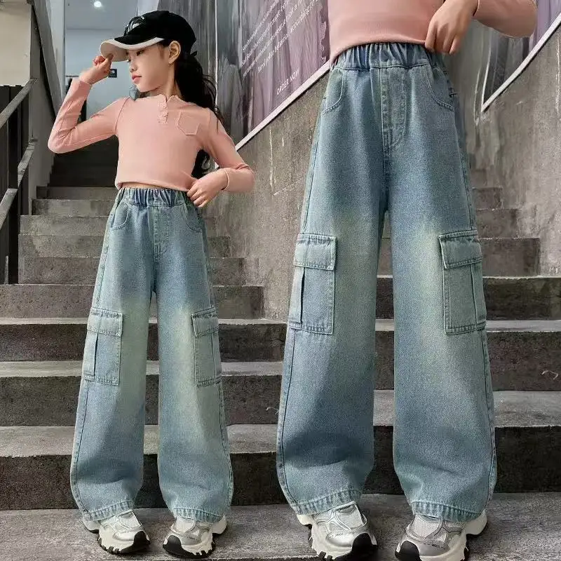 Fashionable Children's Jeans Student Street Dance Stylish Jeans Medium and Large Kids Embroidered Wide-leg Pants Straight-leg