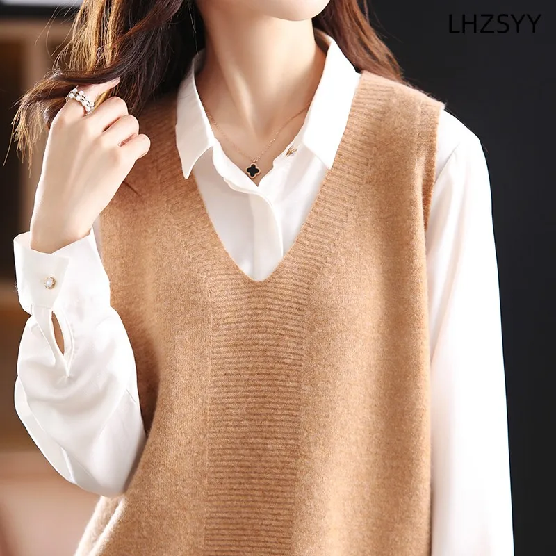 LHZSYY Fashion knitted Waistcoat Ladies 100%Pure Wool Vest 2023 Autumn Winter New Sleeveless Sweater V-Neck Loose Blouse Jacket