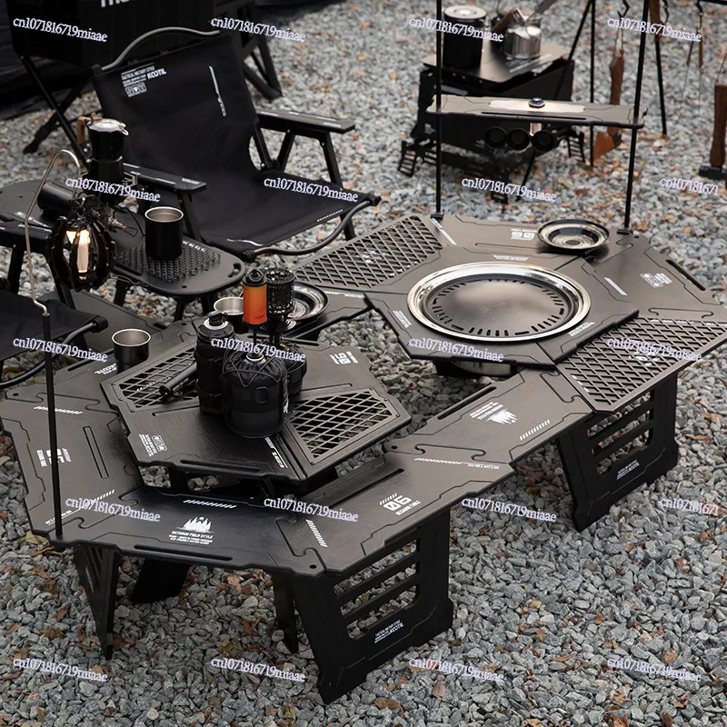 Outdoor stove tea camping multi-functional sliding hexagonal round barbecue  camping removable folding table