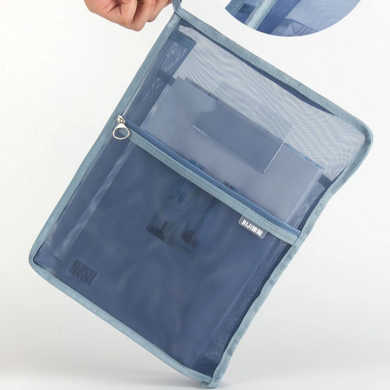 A4 Nylon Mesh Zipper Pouch Bag Transparent Data Document Storage Bag Solid Color Thickened File Bag School Office Supplies