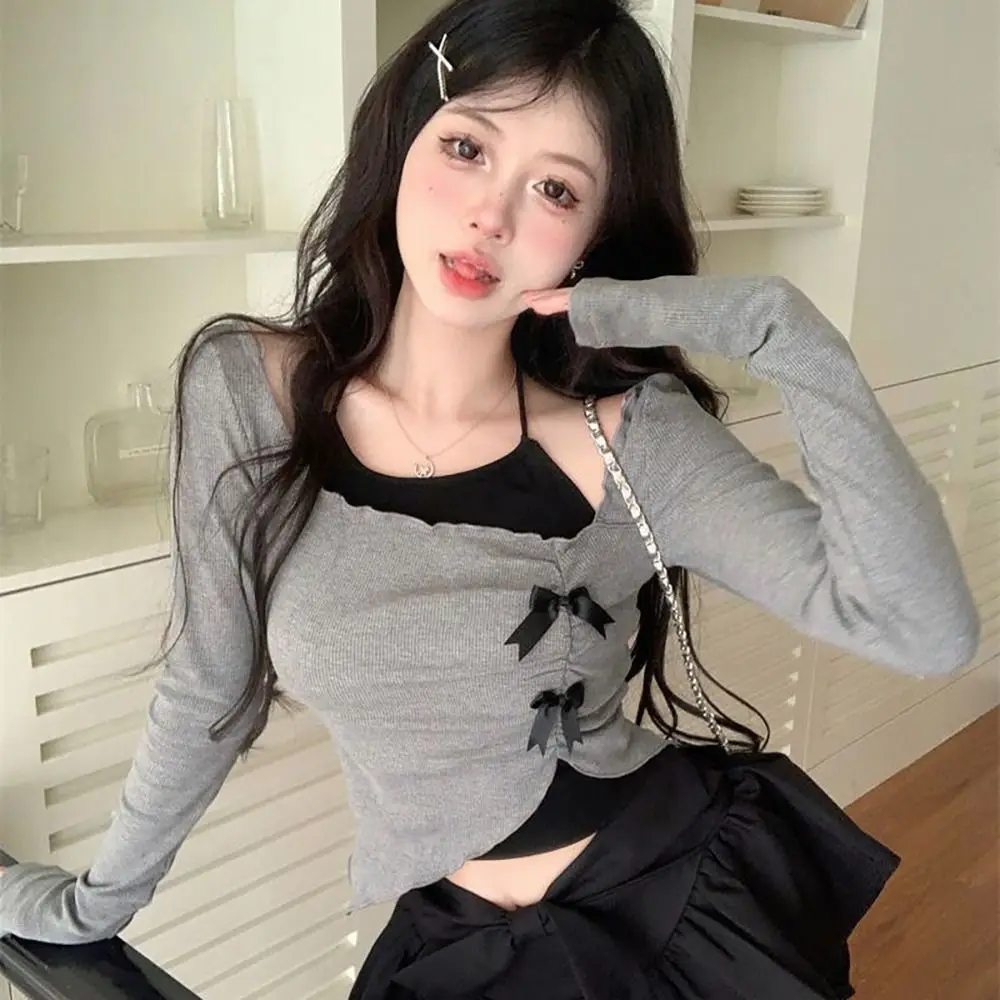 

Hot Two Piece Long sleeves Slim Bow Crop Tops Gray Hanging Neck Blouse Girl