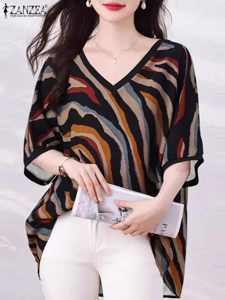 ZANZEA Elegant Colorful Ripple Printing Blouse 2024 Summer Short Sleeve Tops Fashion Women V-neck Shirt Casual Loose Chic Blusa