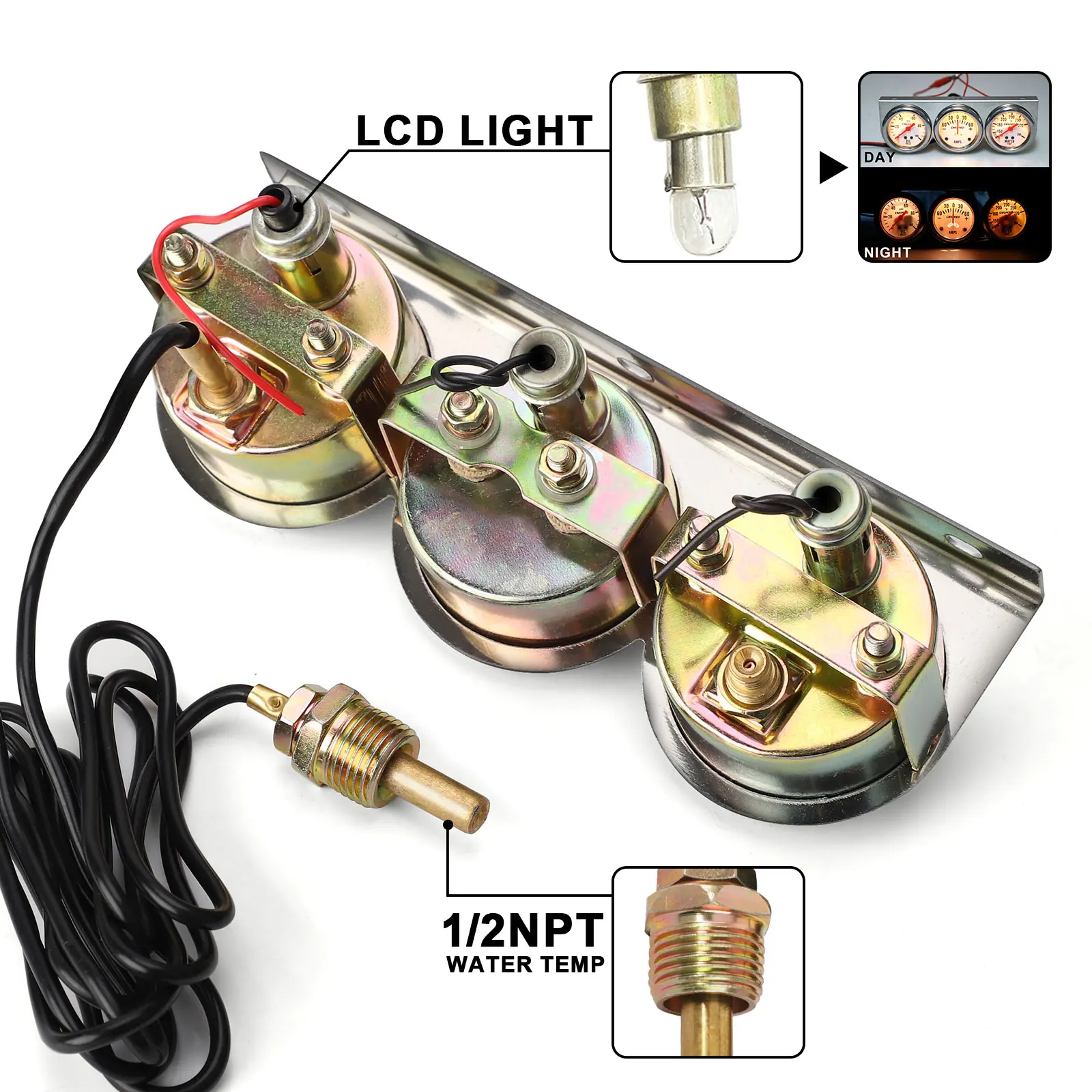 2" Amp Gauge Water Temp Oil Pressure meter Triple Auto Gauge Set with sensor  YC101323