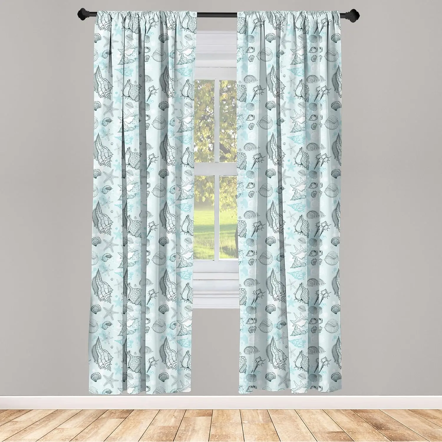 Pale Blue Ocean Curtains, Grunge Underwater Shell Starfish Maritime Art,Rod Pocket  Window Drapes Home Decor Blue Teal
