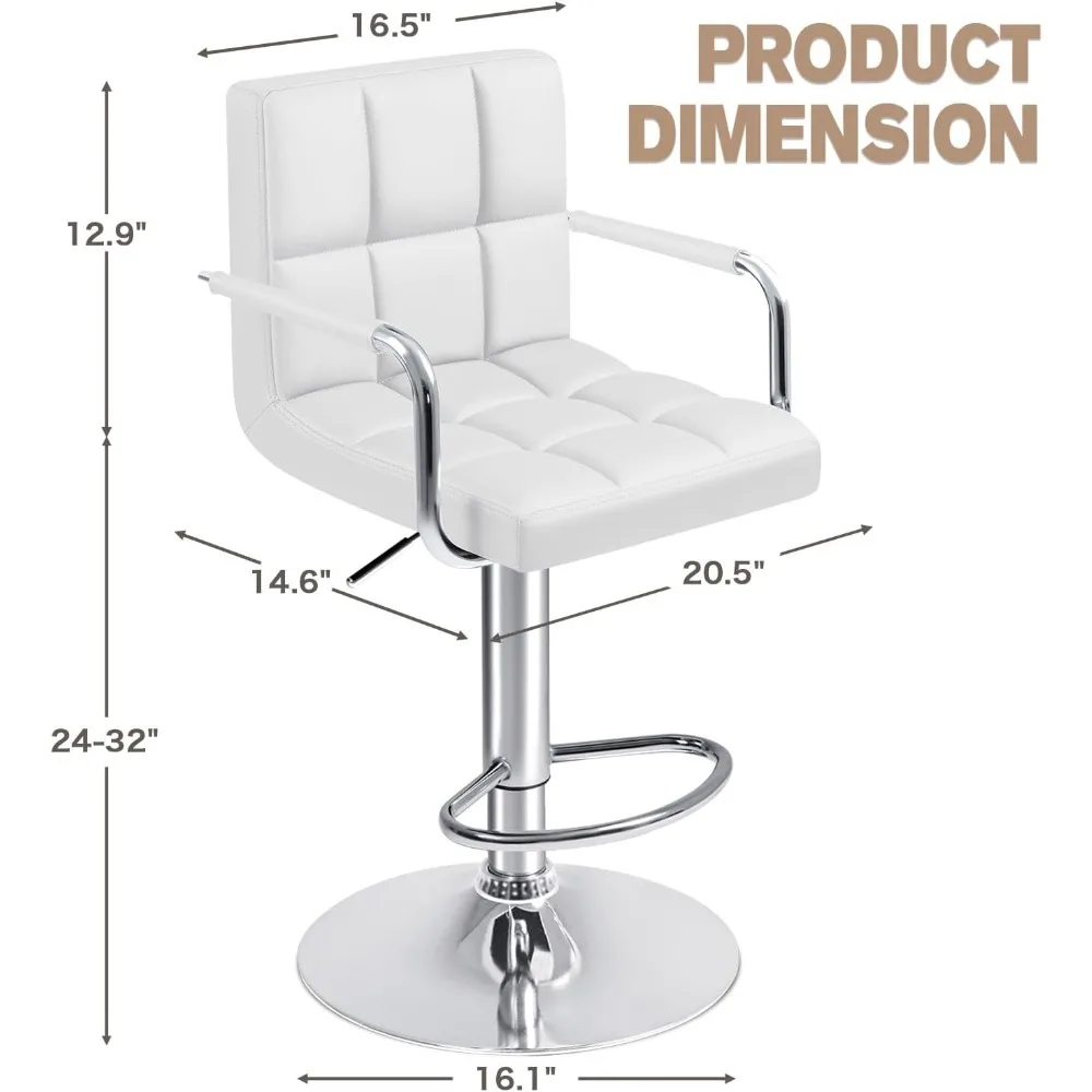 Bar Stools with Armrest Modern PU Leather Swivel Adjustable Hydraulic Bar Stool X-Large Base and Seat Square