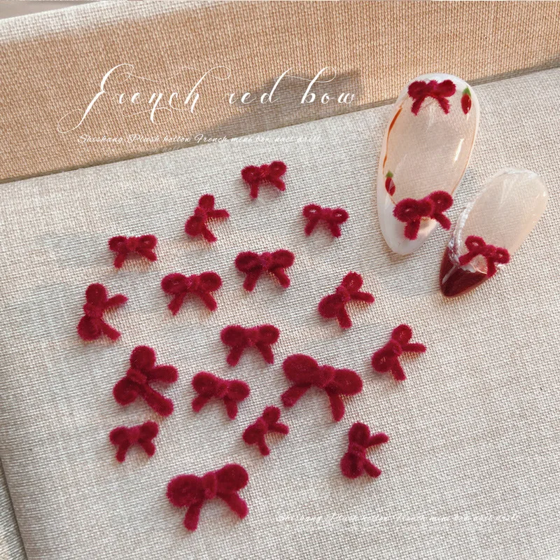 40PCS Wine Red Flocking 3D Nail Art Bow Tie Charms Furry Bowkont Accessories For Manicure Decor Fluffy Nails Decoration Supplies