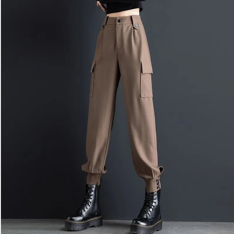 

Vintage Sashes Solid Color Pockets Women's Clothing High Waist Elastic Spring Autumn Cargo Bloomers Trousers Casual Pants