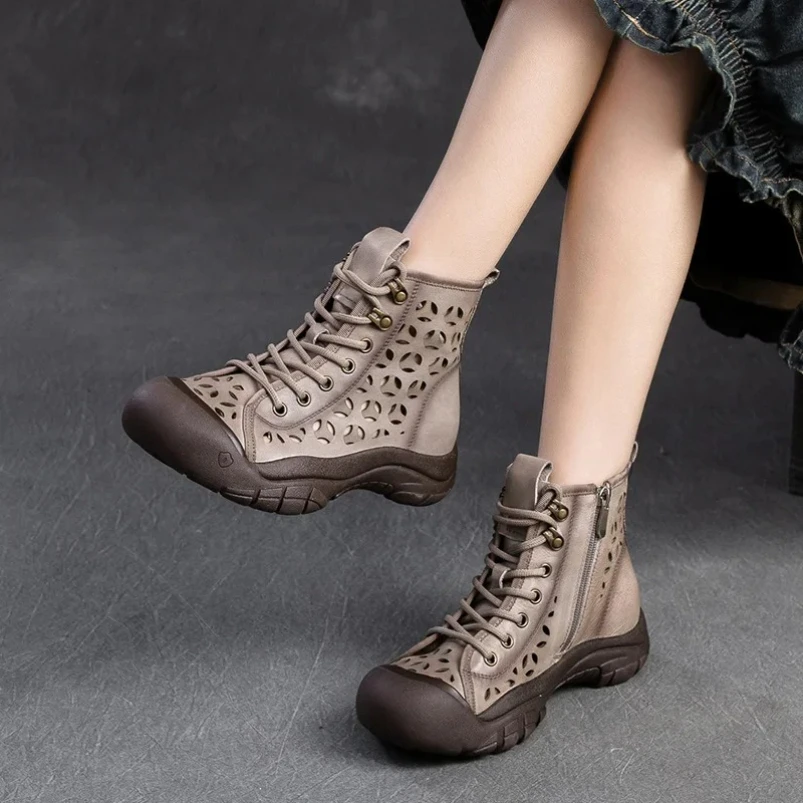 

2025 Summer New Women's Hollow Out Ankle Boots Genuine Leather Shoes Woman Low Square Heel Boots Ladies Zip Breathable Shoes