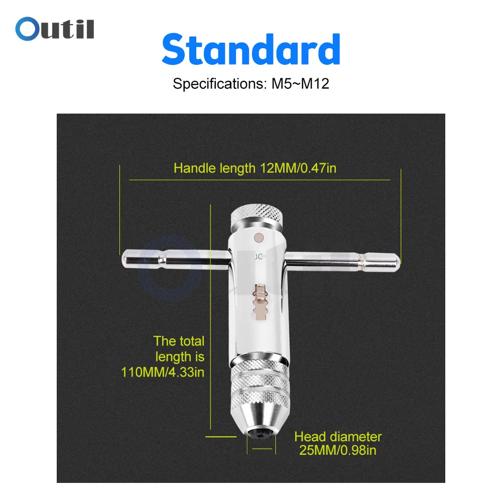 1pcs Adjustable Silver T-Handle Ratchet Tap Holder Wrench for M3-M8 3mm-8mm Machine Screw Thread Metric Plug T-shaped Tap