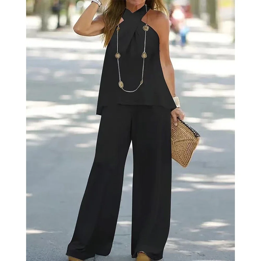 Women Two-Piece Set Halter Sleeveless V-Neck Top & High Waist Pants Set Casual Femme Fashion Loose Outfits for Woman Tracksuit