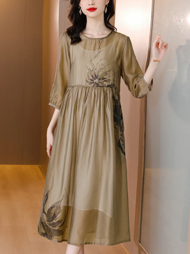 

2023 Vintage Print Summer Women Elegant Bodycon Party Vestidos Beach Casual Floral Chiffon Sundress Mulberry Silk Midi Dress