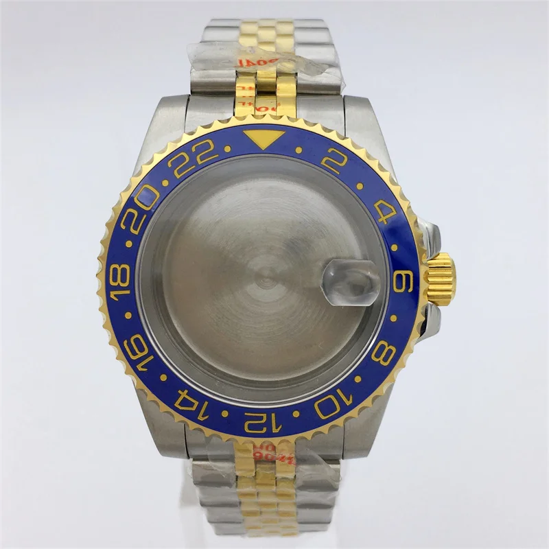 เคสไพลินสีทองเงิน40มม. ฝาเซรามิคสีฟ้าเหมาะสำหรับ NH34 NH35 ETA2824 NH36 PT5000 DG2813การเคลื่อนไหวของ Miyota