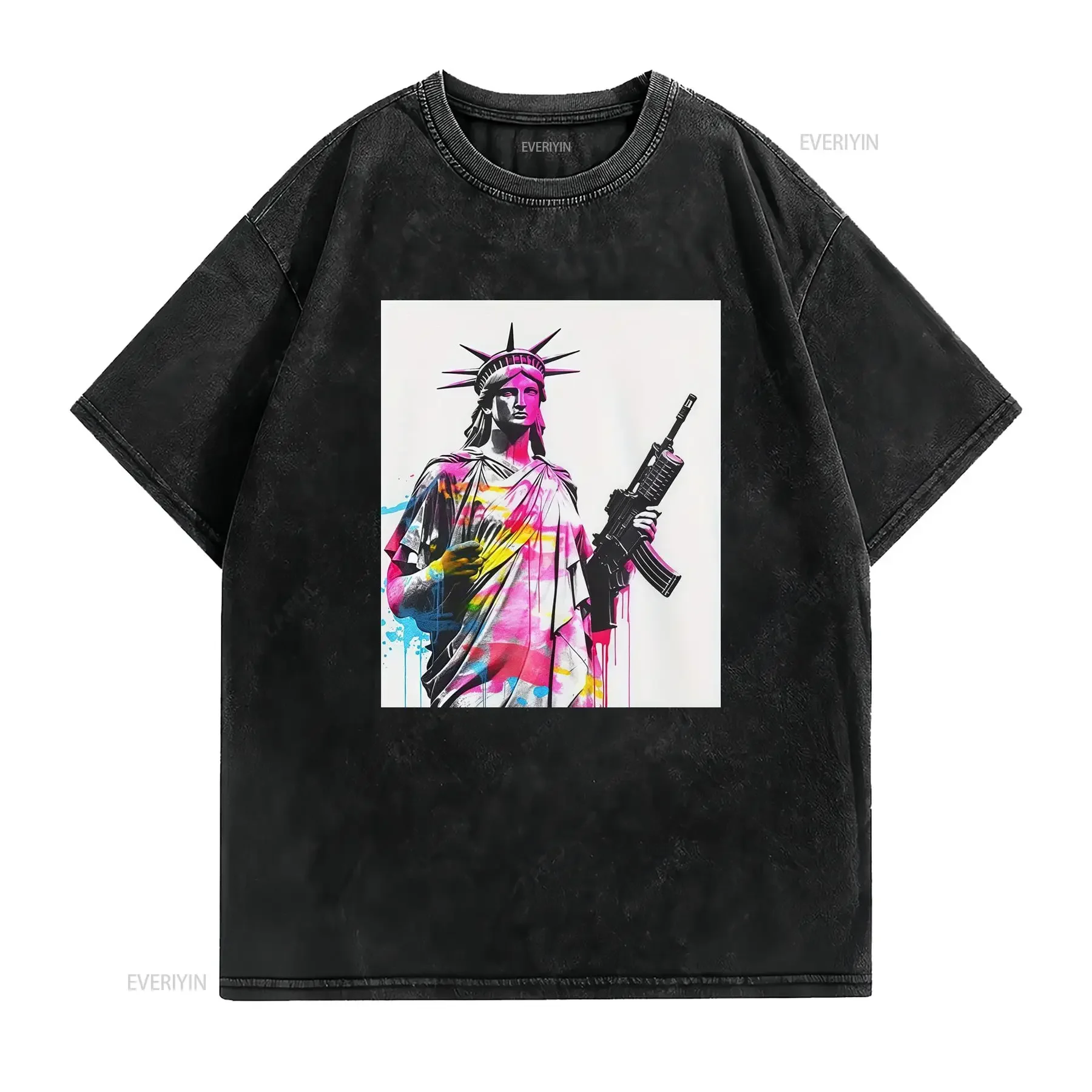 Streetwear Graffiti Colorful Spray Paint Statue of Liberty with Gun Print Cool Casual T Shirt vintage Washed Comfortable