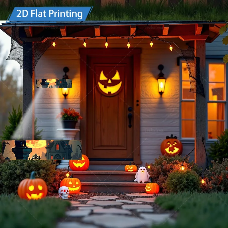 1pc 4x16インチ メタルサイン ハロウィン 2D フラットプリント メタルサイン - 不気味な城 & カボチャのシーンの装飾