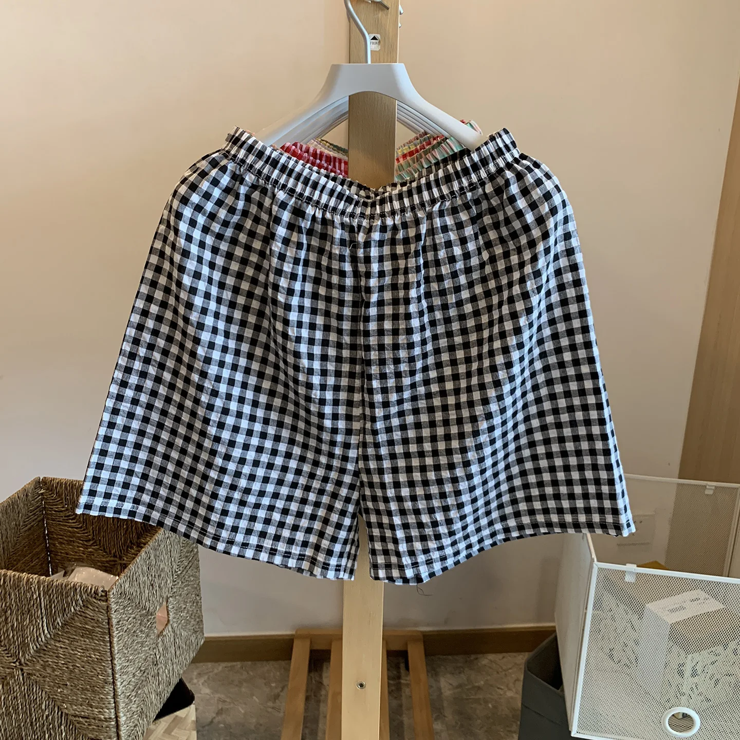 

American Style High Waist Plaid Sport Shorts Women's Summer Spring Loose Wide Leg Simple Casual Pattern Sleep Pants