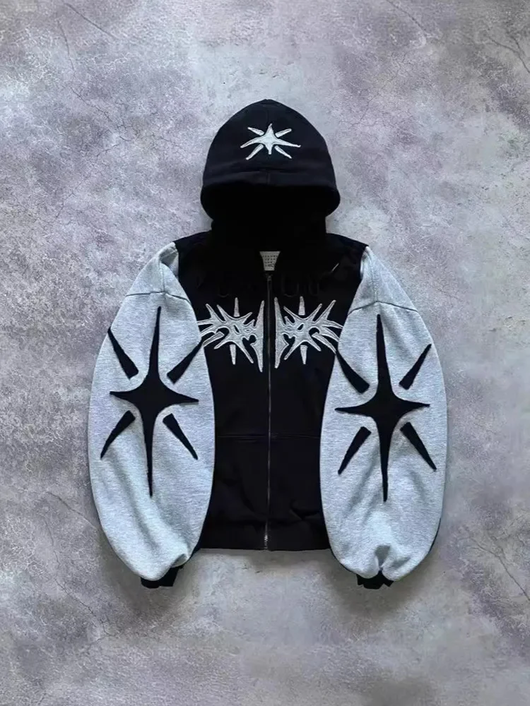 Y2K Embroidered Design Loose Zipper Men\'s Hoodie Geometric Pattern  Women\'s Sportswear Gothic Street Wear Extra Large Casual Men