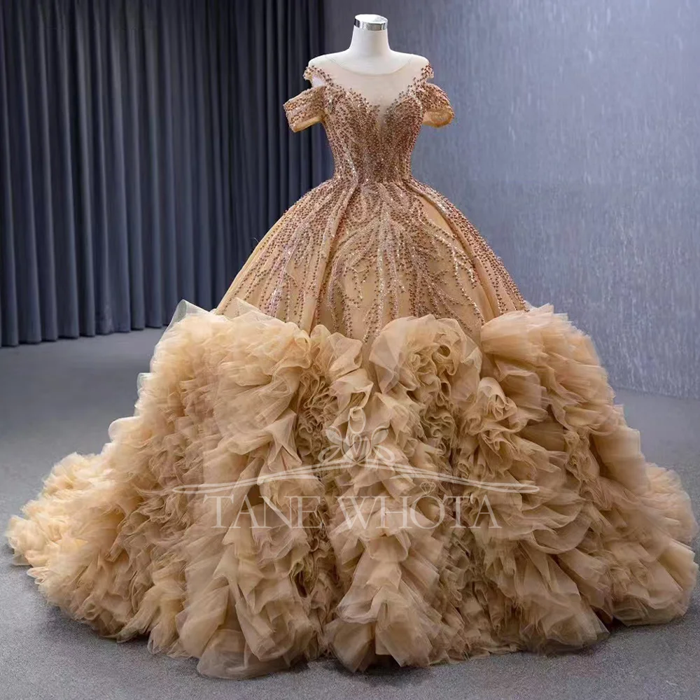 Robe de soirée de luxe personnalisable, col rond, manches cape, dos à lacets, perles et paillettes, Style 2025 pour femmes