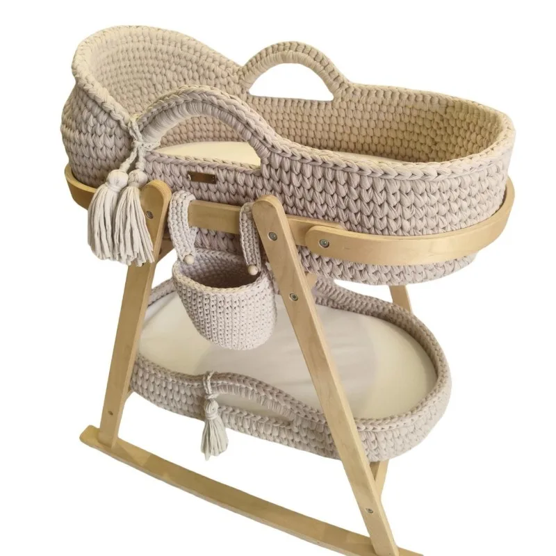 Crochet Moses Cradle Handheld Frame Cotton Rope Knitted Crib Cloth Strip Knitted Newborn Handbasket