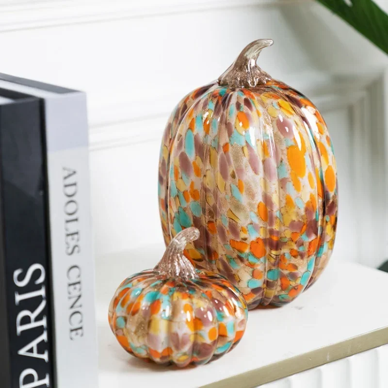 Glass Craft Artificial Pumpkin Sculpture Colored Transparent Glazed Pumpkin Craft Decorative Figurines Home Decoration