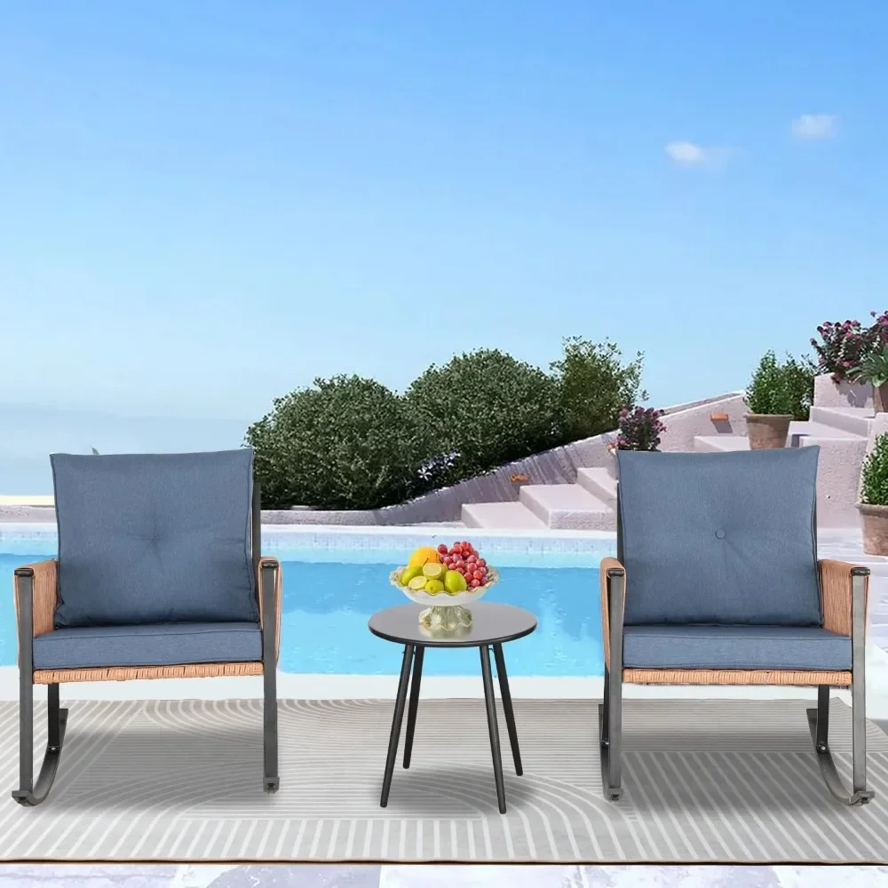 

3 Pieces Rocking Bistro Set Outdoor Patio Furniture Oversize Rattan Conversation Set with Thick Cushions and Coffee Table to for