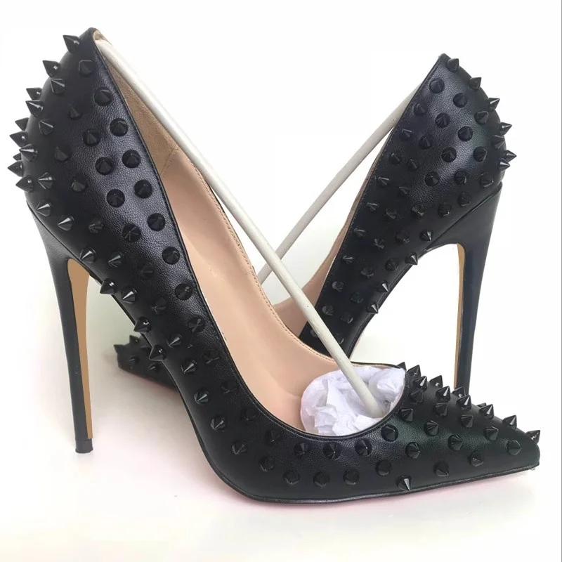 

Spring 2025 New Black Women High Heels Pointy Thin Heel Shallow Rivet Decoration Sexy Elegant Ladies Large Size Single Shoes