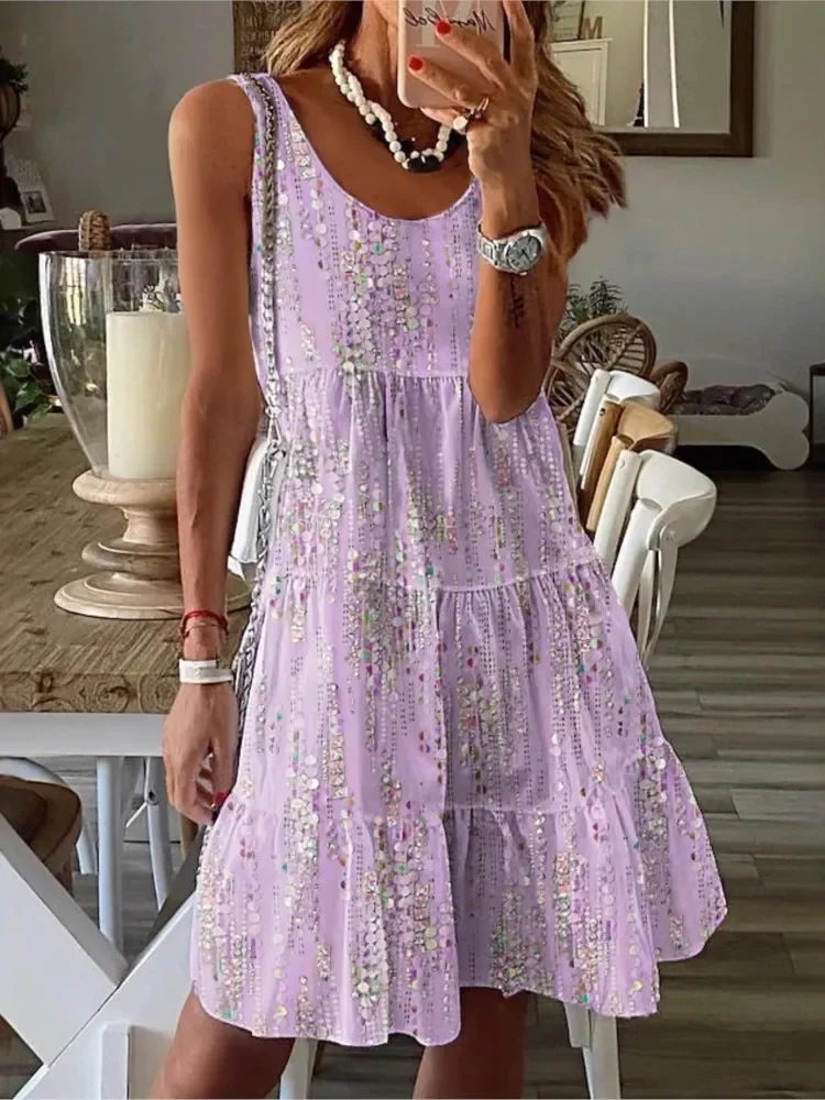 Nowa Letnia Sukienka Sundress Casual z Kwiatowym Nadrukiem Luźna Sukienka Bez Rękawów z Dekoltem O dla Kobiet Moda Boho Wakacyjna Sukienka Plażowa w Linii A